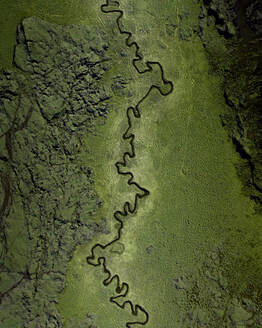 Luftaufnahme eines gewundenen Flusses, der durch grüne Lavafelder fließt, in der Nähe von Djupavatn auf der Halbinsel Reykjanes, Island. - AAEF09229