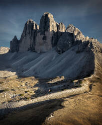 Aerial view of the Sexten Dolomites with its three mountain peaks 