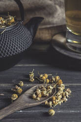 From above of dried daisy in spoon on dark wooden table near cup with herbal tea - ADSF08879