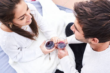 From above side view of cheerful young couple in casual wear toasting with glasses of red wine while enjoying happy moments together - ADSF08939