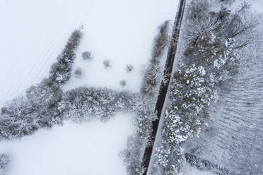 Drohnenansicht einer asphaltierten Straße, die sich durch einen verschneiten Wald in der Frankenhöhe schlängelt - RUEF03035