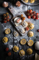 Hausgemachte Ravioli mit Parmesan, Tomaten und Basilikum, ein typisches Gericht der italienischen Küche - ADSF09030