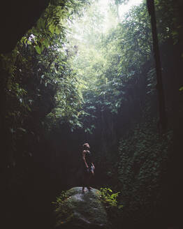 Reisender steht auf einem Felsen in einem schönen dunklen Wald mit üppiger tropischer Vegetation und blickt auf einen Lichtstrahl, Bali - ADSF09114