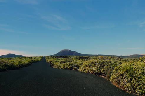 Leere Straße zu Fuß zu Berg-Tal entlang Feld mit Grün in Lanzarote Kanarische Inseln Spanien - ADSF09192