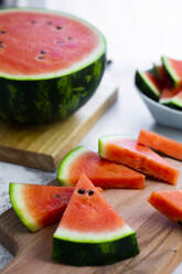 Chopped watermelon on chopping board - GIOF08658