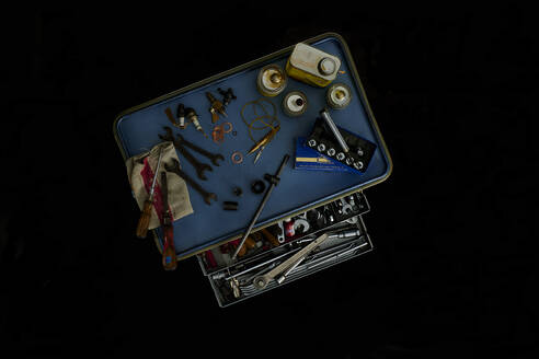 Top view of tool box with black background - SRSF00656
