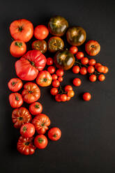 Blick von oben auf Tomaten auf einer schwarzen Fläche - ADSF09353