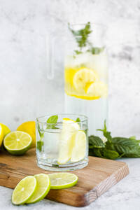 Detox-Wasser mit Zitrone, Limette und Minze und Eiswürfeln - GIOF08703