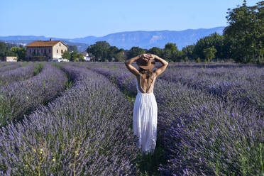 Frau in weißem Kleid und Hut steht inmitten eines Lavendelfeldes - VEGF02614