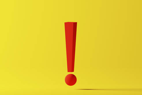 Three dimensional render of red exclamation point against yellow background - DRBF00188