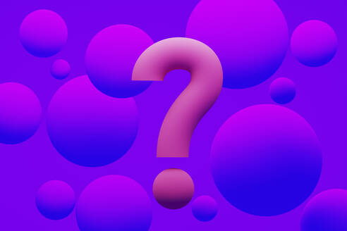 Three dimensional render of question mark surrounded by purple spheres - DRBF00194