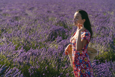 Portrait of beautiful woman smelling lavender blooming in vast countryside field - GEMF03976