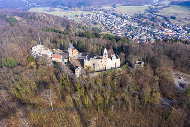 Germany, Hesse, Eberstadt, Aerial view of Frankenstein Castle in autumn - AMF08351