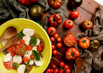 Frische reife Tomaten und Stoffservietten auf einer hölzernen Tischplatte neben einer Schüssel mit leckerem Caprese-Salat - ADSF09502