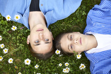 Close-up of female friends lying on grassy land in garden - UKOF00058