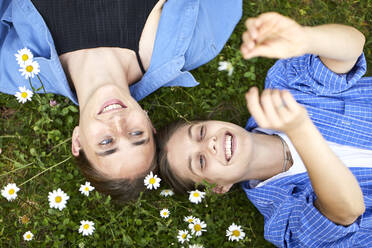 Close-up of smiling friends relaxing on grassy land in garden - UKOF00061