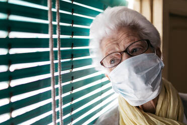 Elderly woman standing near window during pandemic - ADSF09698