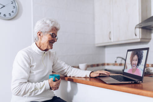 Ältere Frau trinkt Tee und spricht mit ihrer Tochter am Laptop - ADSF09785
