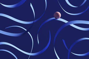 Three dimensional render of orange sphere rolling down blue ribbons - DRBF00196