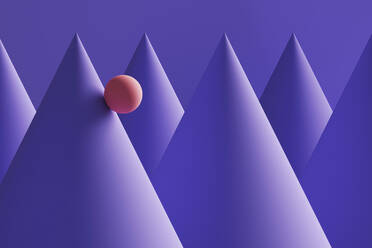 Three dimensional render of orange sphere rolling down purple cones - DRBF00199