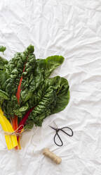 From above bunch of fresh chard placed on wrinkled white cloth near small scissors and thread - ADSF09946