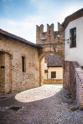 Italy, Piedmont, Old arch over cobblestone street - MEUF01942