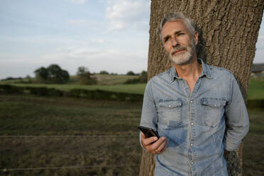 Älterer Mann mit Smartphone lehnt an einem Baumstamm in der Landschaft - KNSF08314