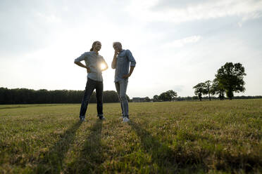 Vater und erwachsener Sohn stehen bei Sonnenuntergang auf einer Wiese in der Natur - KNSF08388