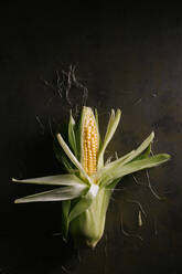 Top view of steps of fresh ripe corn peeling on black table - ADSF10169