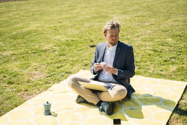 Geschäftsmann mit Kaffeetasse und Laptop auf einer Picknickdecke im Park an einem sonnigen Tag - JOSEF01460