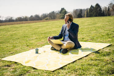 Male professional talking on smart phone while sitting with laptop on picnic blanket at park during sunny day - JOSEF01462