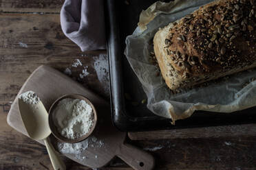 Loaf of delicious rye bread with seeds lying on timber tabletop near raw flour - ADSF10317