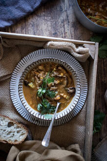 Brotstückchen und frische Petersilie auf dem Holztisch neben der Schüssel mit der leckeren Quinoa-Suppe - ADSF10347