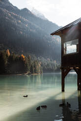 Holzhaus auf Stelzen und Enten auf nebligem See mit Spiegelung der mächtigen Dolomitenberge in Italien - ADSF10435