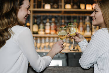 Rückenansicht von zwei Freundinnen, die lächelnd mit Gläsern von alkoholischen Cocktails anstoßen, während sie Zeit in der Bar eines gemütlichen Restaurants verbringen - ADSF10511