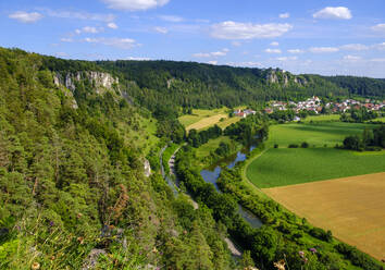 Deutschland, Bayern, Kipfenberg, Drohnenansicht des Flusses Altmuhl und der Arnsberger Leite mit Dorf im Hintergrund - SIEF09994