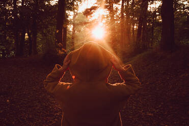 Rückenansicht einer einsamen Person in einem warmen Kapuzenpulli, die einen fantastischen Herbstsonnenaufgang beobachtet, während sie steht und die Kapuze mit beiden Händen in einem ruhigen, dichten Wald abnimmt - ADSF10566