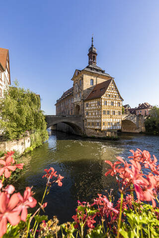 Deutschland, Bayern, Bamberg, Fluss Regnitz und altes Rathaus im Frühling, lizenzfreies Stockfoto