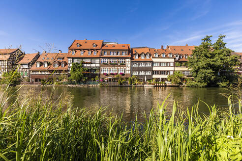 Deutschland, Bayern, Bamberg, Fluss Regnitz und Klein-Venedig-Stadthäuser im Frühling - WDF06145