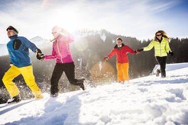 Gruppe unbeschwerter Freunde beim Laufen und Spaß haben im Schnee, Achenkirch, Österreich - DHEF00280