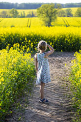 Girl standing in farm of rapeseed field - JFEF00957