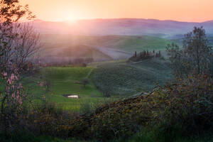 Malerische Landschaft mit grünen Feldern, Häuschen und Bäumen in hellem Sonnenuntergangslicht, Italien - ADSF10817