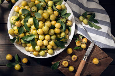 Fresh Yellow plum mirabelle fruit in bowl on wooden table - ADSF10831