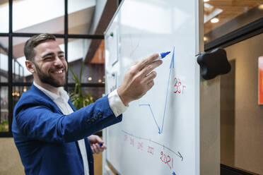 Lächelnder gutaussehender Geschäftsmann, der während einer Sitzung im Sitzungssaal im Büro eine Grafik auf einem Whiteboard zeichnet - VPIF02730