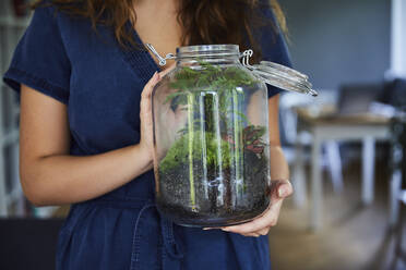 Nahaufnahme einer Frau, die ein Terrarium in einem Glasgefäß zu Hause hält - FMKF06272