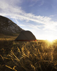 Tent on high plateau against sun, Hochplatte, Bavaria, Germany - MALF00079