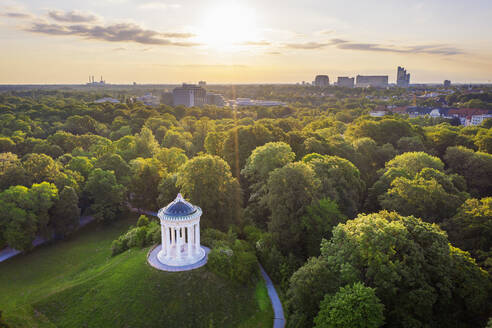 Germany, Bavaria, Munich, Aerial view of Monopteros in English Garden at sunset - SIEF10002