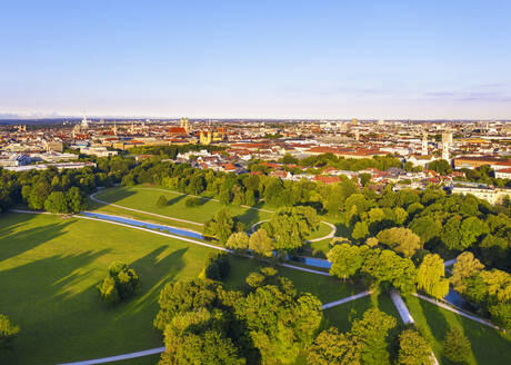 Germany, Bavaria, Munich, Aerial view of clear sky over Schwabinger Bach stream flowing through English Garden at dusk - SIEF10005