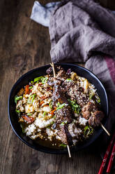 Bowl of ready-to-eat teriyaki rice with Chinese cabbage and grilled beef skewers - SBDF04305