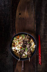 Bowl of ready-to-eat teriyaki rice with Chinese cabbage and grilled beef skewers - SBDF04308